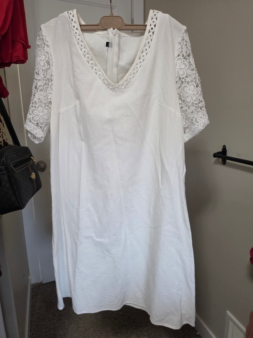 White Cotton Lace Sheath Dress V-Neck Medium Large